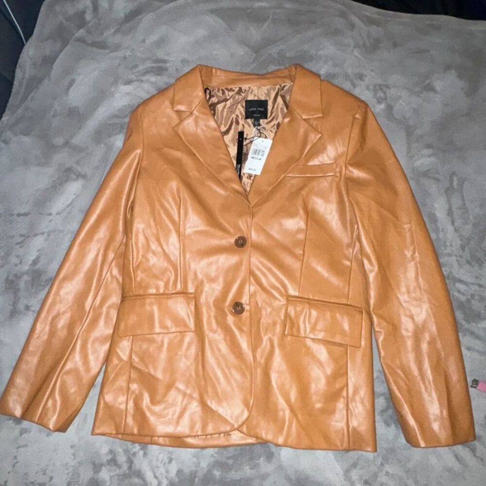 Love tree caramel brown foam leather jacket blazer womens medium NEW career laye